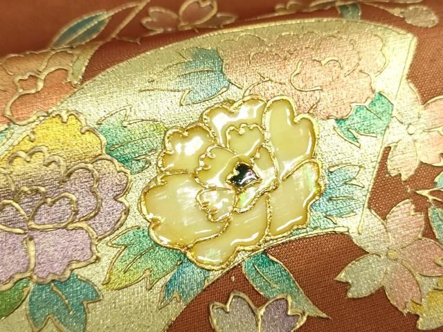 平和屋着物▽太鼓柄袋帯 総刺繍 切嵌草花文 金糸 正絹 逸品