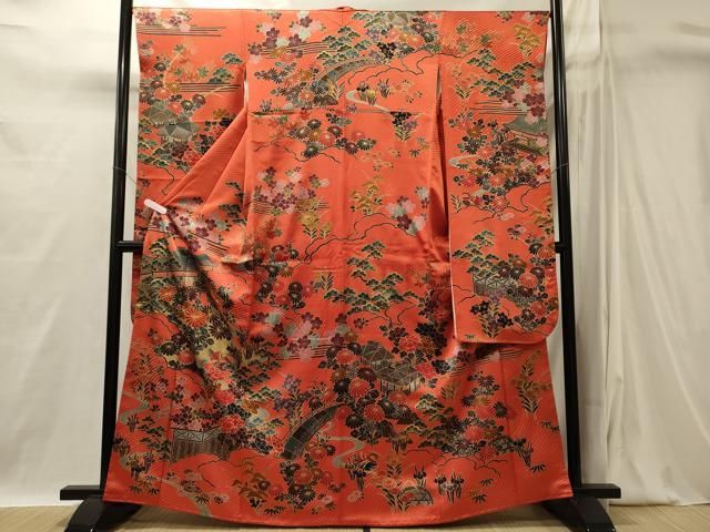 は*ま様 268 振袖フルセット 正絹 流水草花屏風文 オレンジ 緑 黒金彩 駒 平和屋着物□豪華振袖 草花文 流水華鳥文 金彩 正絹 逸品 CABI1844oy