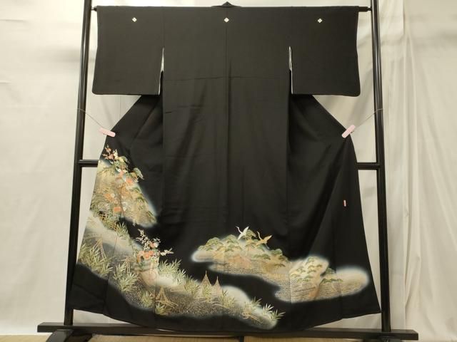 平和屋着物□豪華黒留袖 駒刺繍 萬寿染 風景草花松文 藤花房 暈し染め