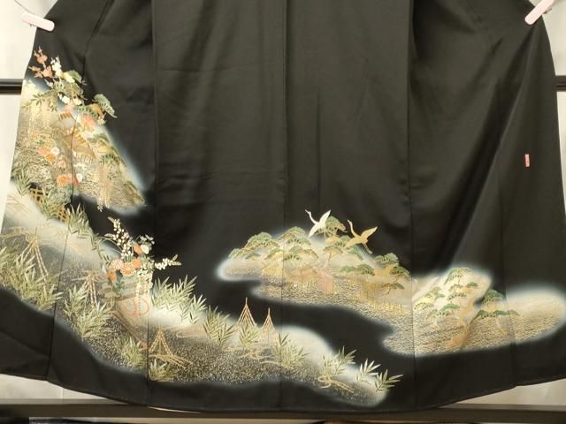 平和屋着物□豪華黒留袖 駒刺繍 萬寿染 風景草花松文 藤花房 暈し染め
