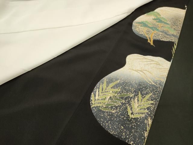 平和屋着物□豪華黒留袖 駒刺繍 萬寿染 風景草花松文 藤花房 暈し染め