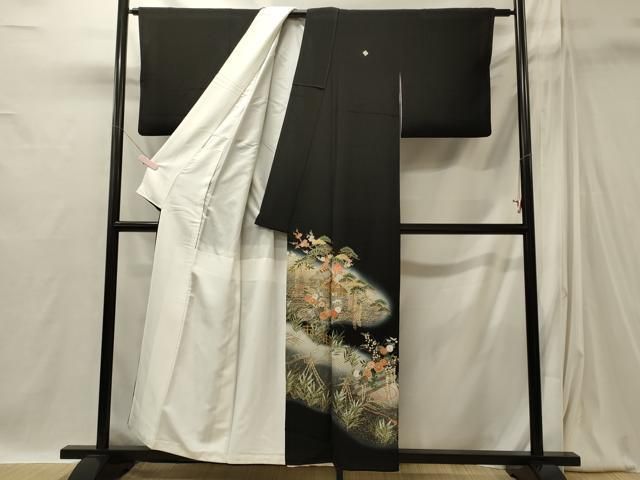 平和屋着物□豪華黒留袖 駒刺繍 萬寿染 風景草花松文 藤花房 暈し染め