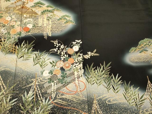 平和屋着物□豪華黒留袖 駒刺繍 萬寿染 風景草花松文 藤花房 暈し染め