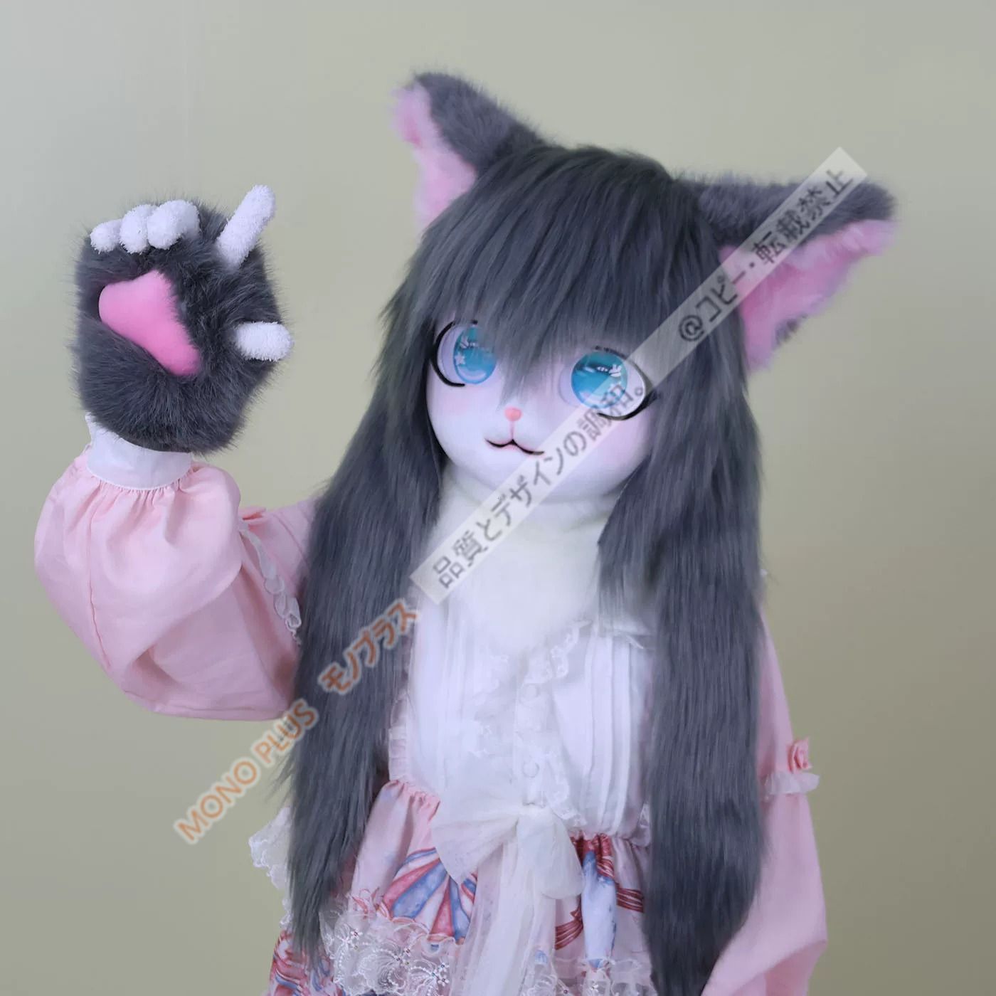 着ぐるみヘッド 猫 立ち耳 グレー 全頭ヘッド ケモノ マスク ファー