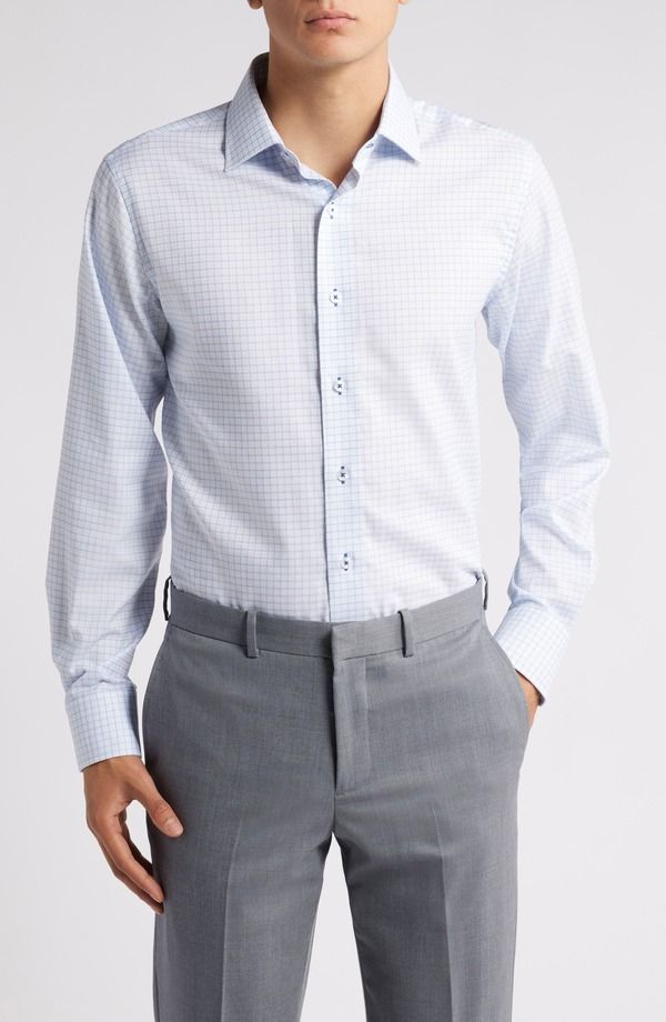 ロレンゾウオモ メンズ トップス シャツ コットン Lorenzo Uomo Trim Fitextured Windowpane Check Cotton Dresshirt Light Blue