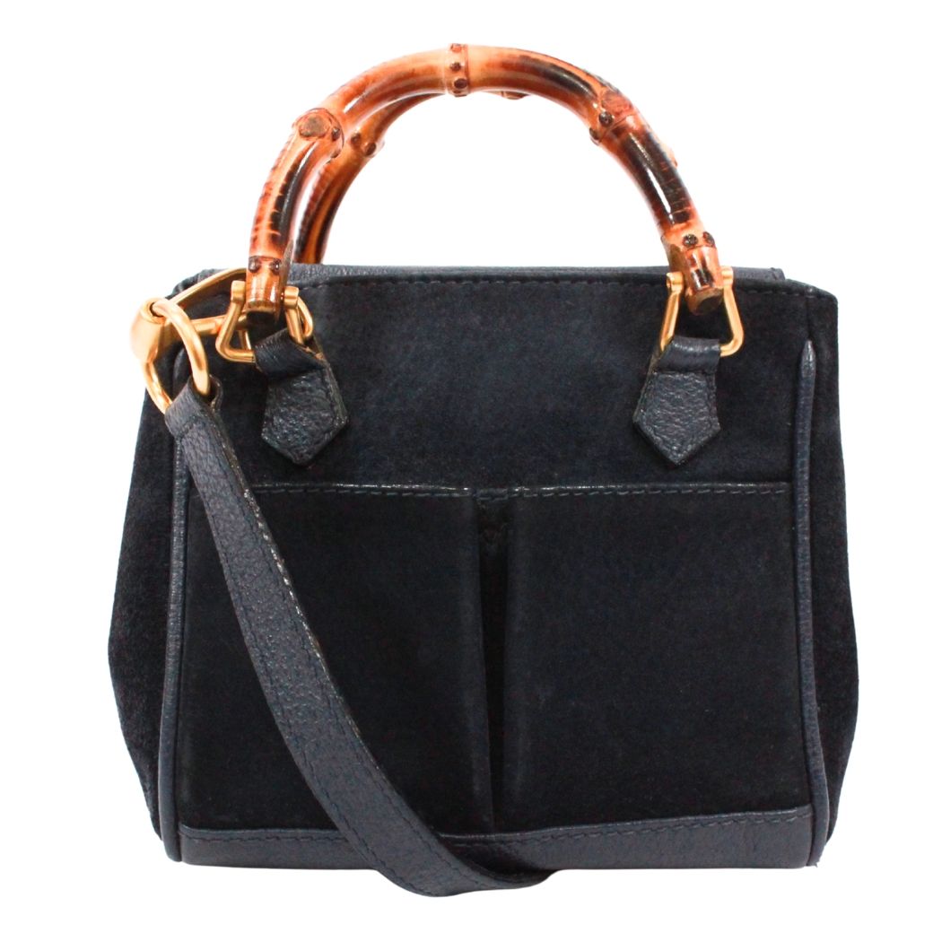新着】GUCCI バンブー ミニ 2WAY バンブー レザー、スエード ネイビー