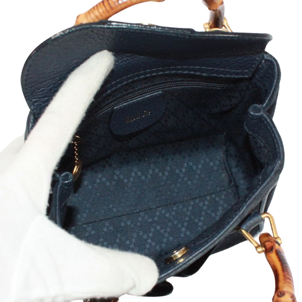 新着】GUCCI バンブー ミニ 2WAY バンブー レザー、スエード ネイビー