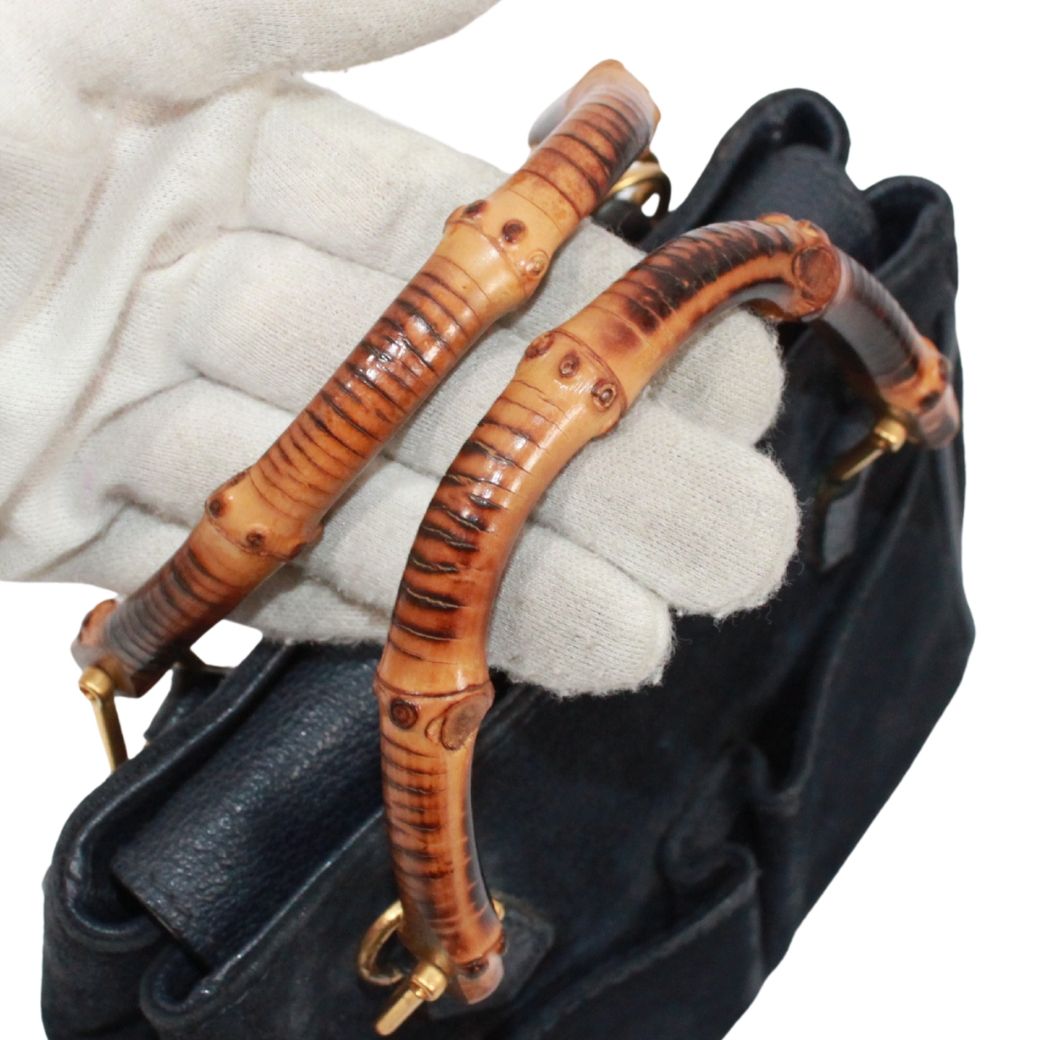 新着】GUCCI バンブー ミニ 2WAY バンブー レザー、スエード ネイビー