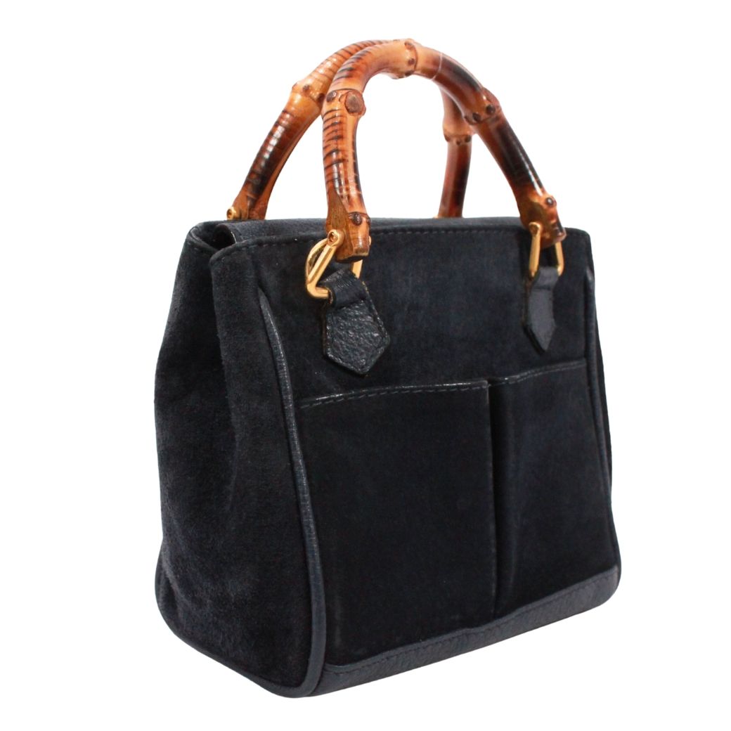 GUCCI ミニショルダーバッグ バンブー スエード レザー 2way 新着】GUCCI バンブー ミニ 2WAY バンブー レザー、スエード ネイビー