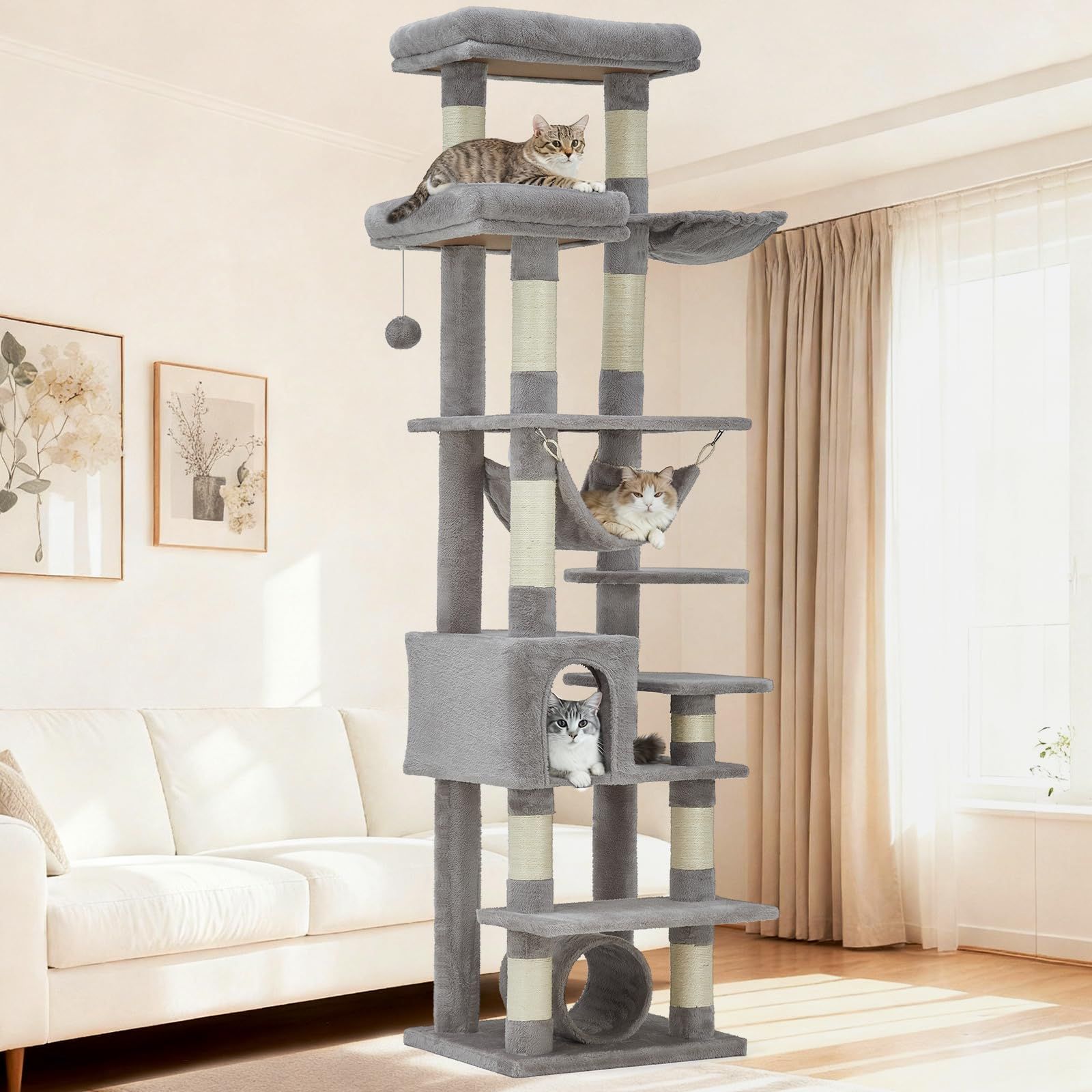 大型猫対応 キャットタワー 188cm | 多層設計 安定感 爪とぎポール・ハンモック・トンネル・猫ハウス搭載 | 室内用 猫家具-ライトグレー