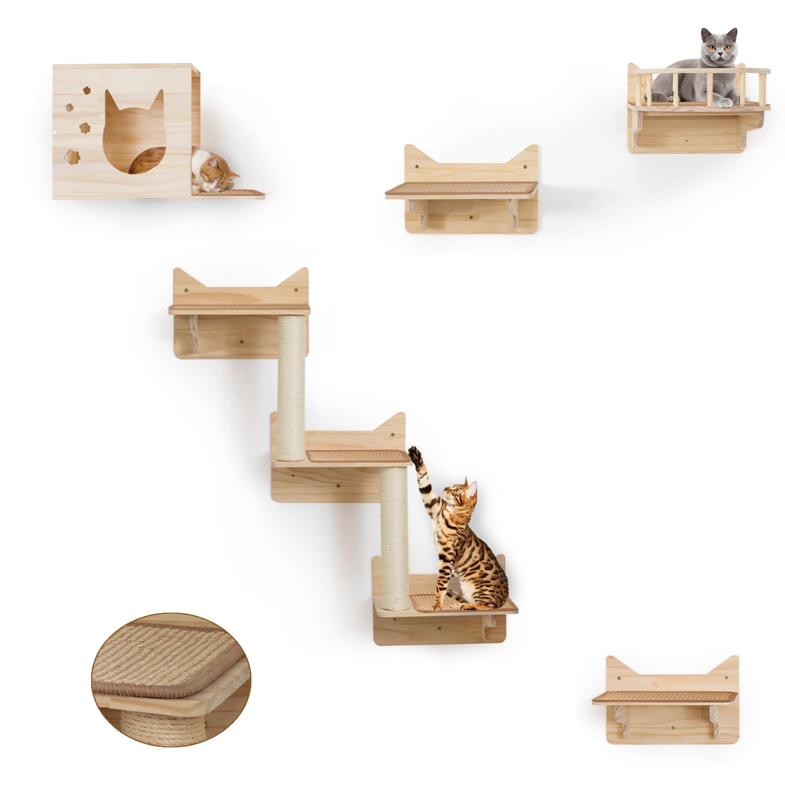 MIUZMORE 猫用ウォールシェルフ 9点セット｜壁掛けキャットタワー 猫ハウス＆階段＆爪とぎ柱｜大型猫対応 木製パイン材 頑丈＆省スペース おしゃれ猫家具