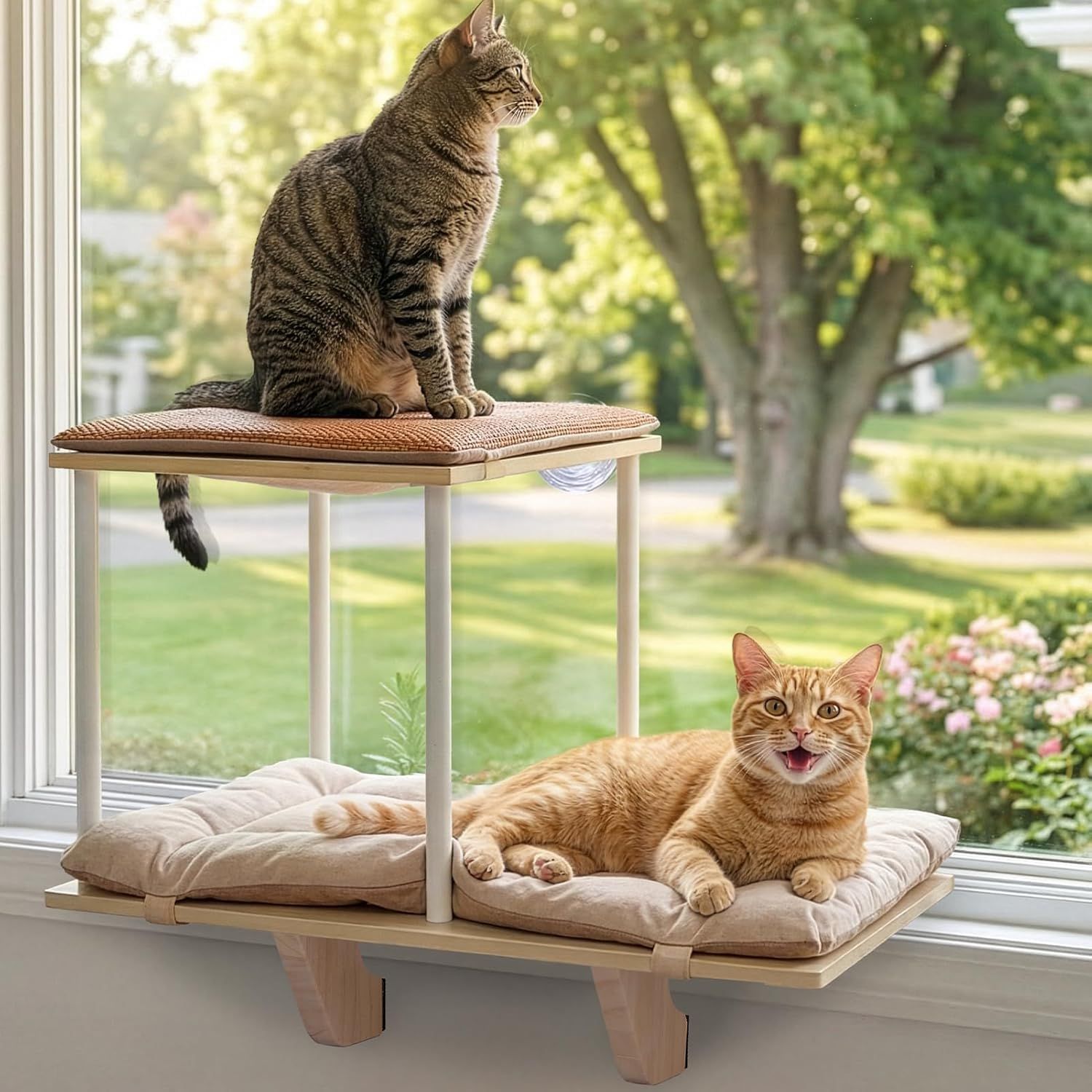 Petsfit 猫窓ベッド 多頭飼いの猫家庭 二段式 省スペース 強化二重固定で落下防止 窓用ハンモック ペット用窓枠ステップ 日向ぼっこや眺望に最適 ストレス解消 取り外し洗える 夏冬両用マット付き 日本語説明書付き