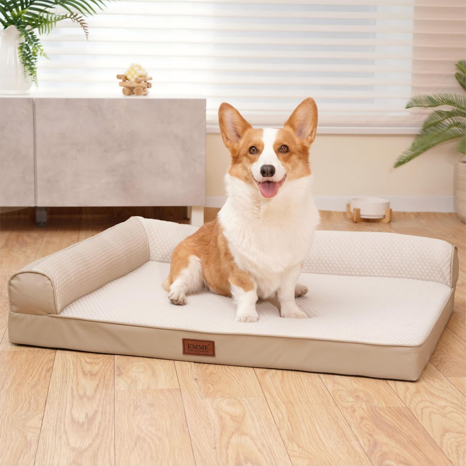 EMME L型犬ベッド冷感 ひんやり ペットベッド Q-max値0.4 涼しいペットソファー ペットクッション 枕付き 高反発 抗菌防臭 高齢犬 子犬 猫 多頭飼い 取り外せるカバー 滑り止め 中型犬 大型犬 洗える ペット用ベッド 100x80x18cmラク
