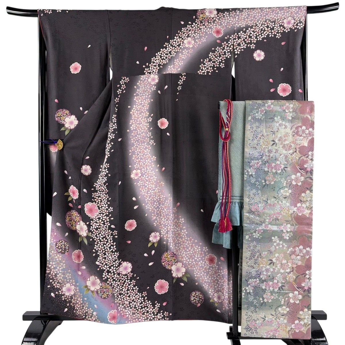 美品】 振袖 身丈159.4cm 裄丈65cm M 袷 袋帯フルセット 桜 雪輪 金彩