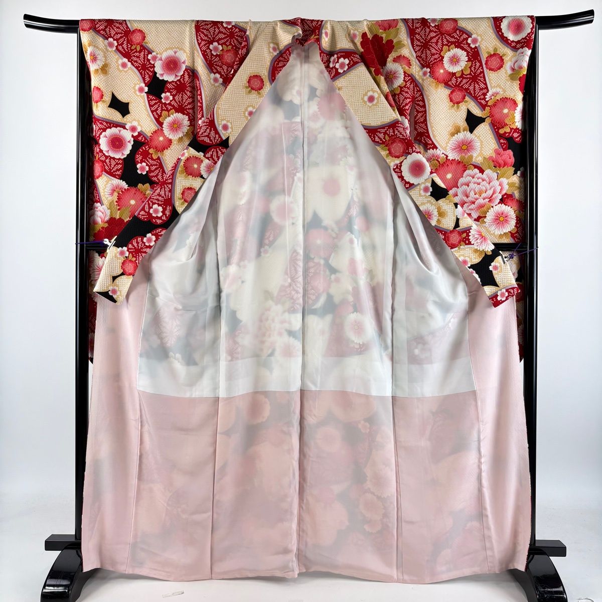 美品】 振袖 身丈165cm 裄丈66.5cm M 袷 袋帯フルセット 牡丹 菊 金糸
