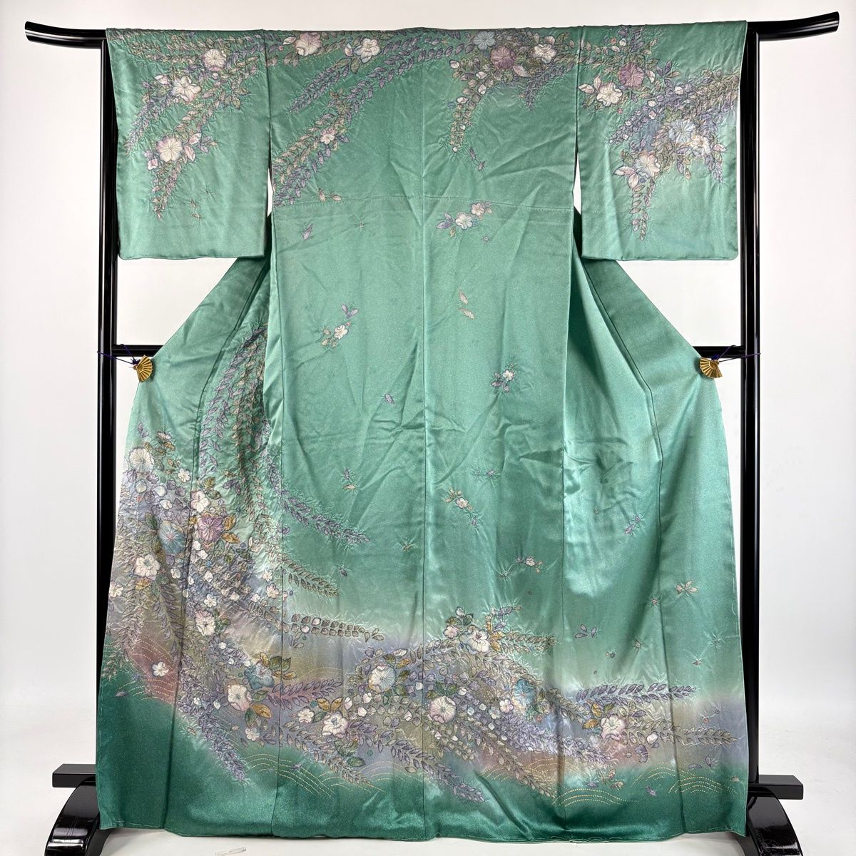 訪問着(単衣) (波に四季の花文様 螺鈿細工 金彩加工 グリーン色系
