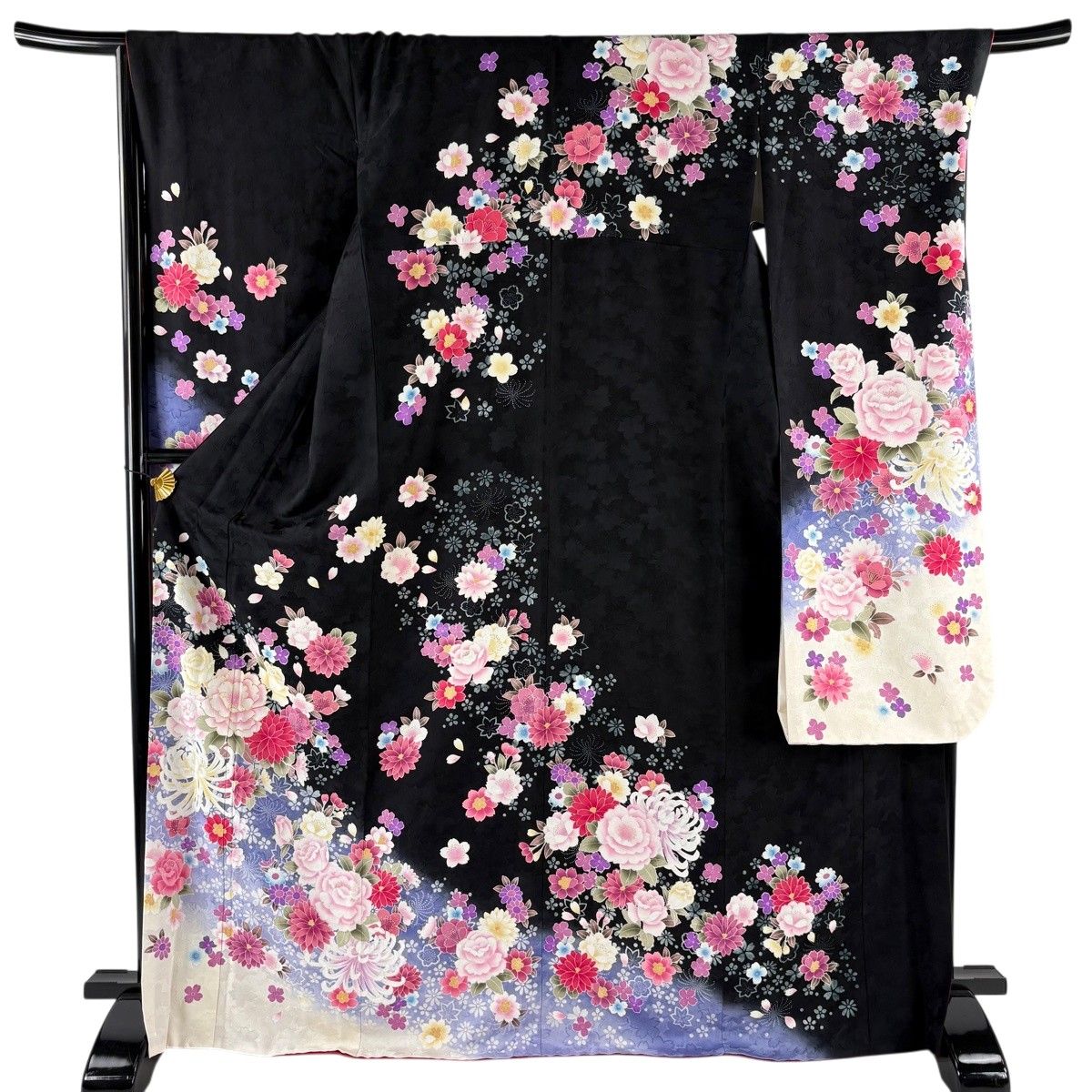 黒地⭐️着丈177cm⭐️裄68cm⭐️正絹絞り全総松柄振袖掛下衣装⭐️貴重品⭐️売り切り 美品】 振袖 身丈170cm 裄丈69.5cm L 袷 草花 地紋 金糸 金彩 黒 正絹