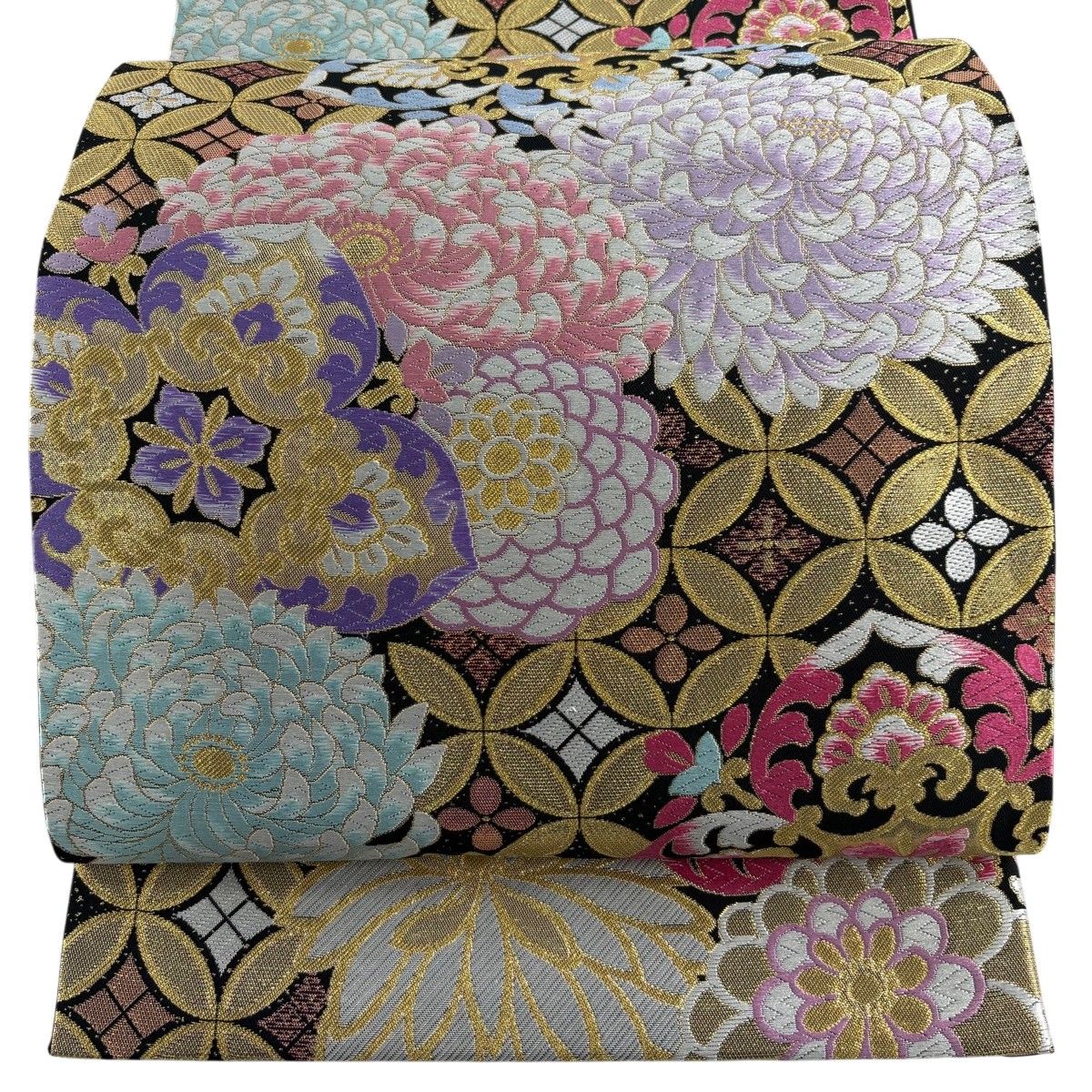 美品】 袋帯 秀品 振袖向き 菊 七宝 唐織 金糸 黒 全通 正絹 【中古