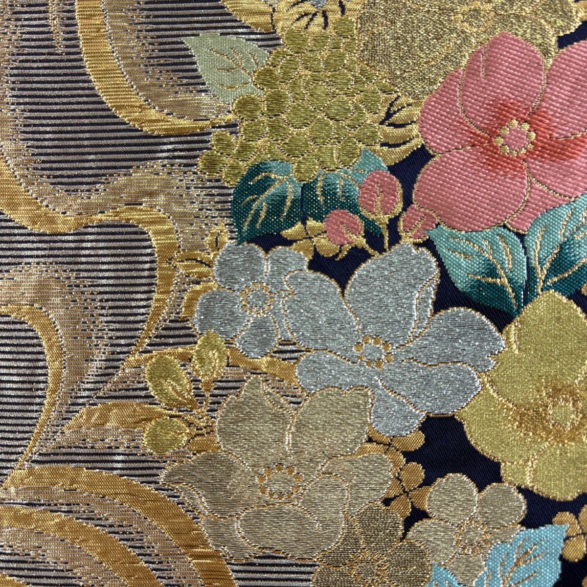 袋帯 振袖用 花紋様 金糸銀糸 ラメ糸 青x朱色x金 リバーシブル 六通 