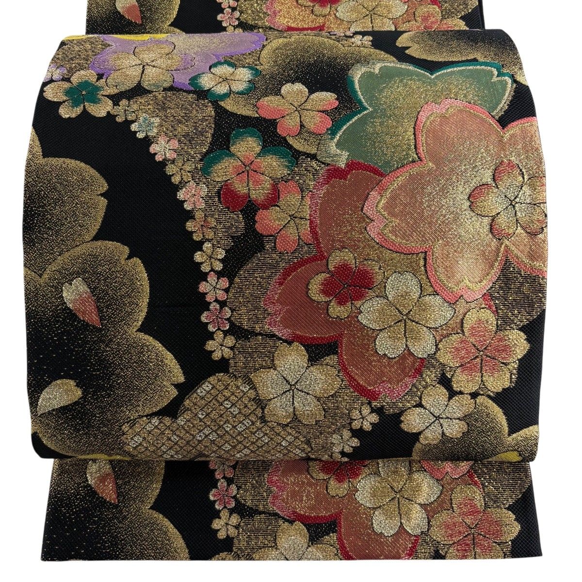 美品】 袋帯 秀品 振袖向き 桜 花びら 金糸 箔 黒 六通 正絹 【中古
