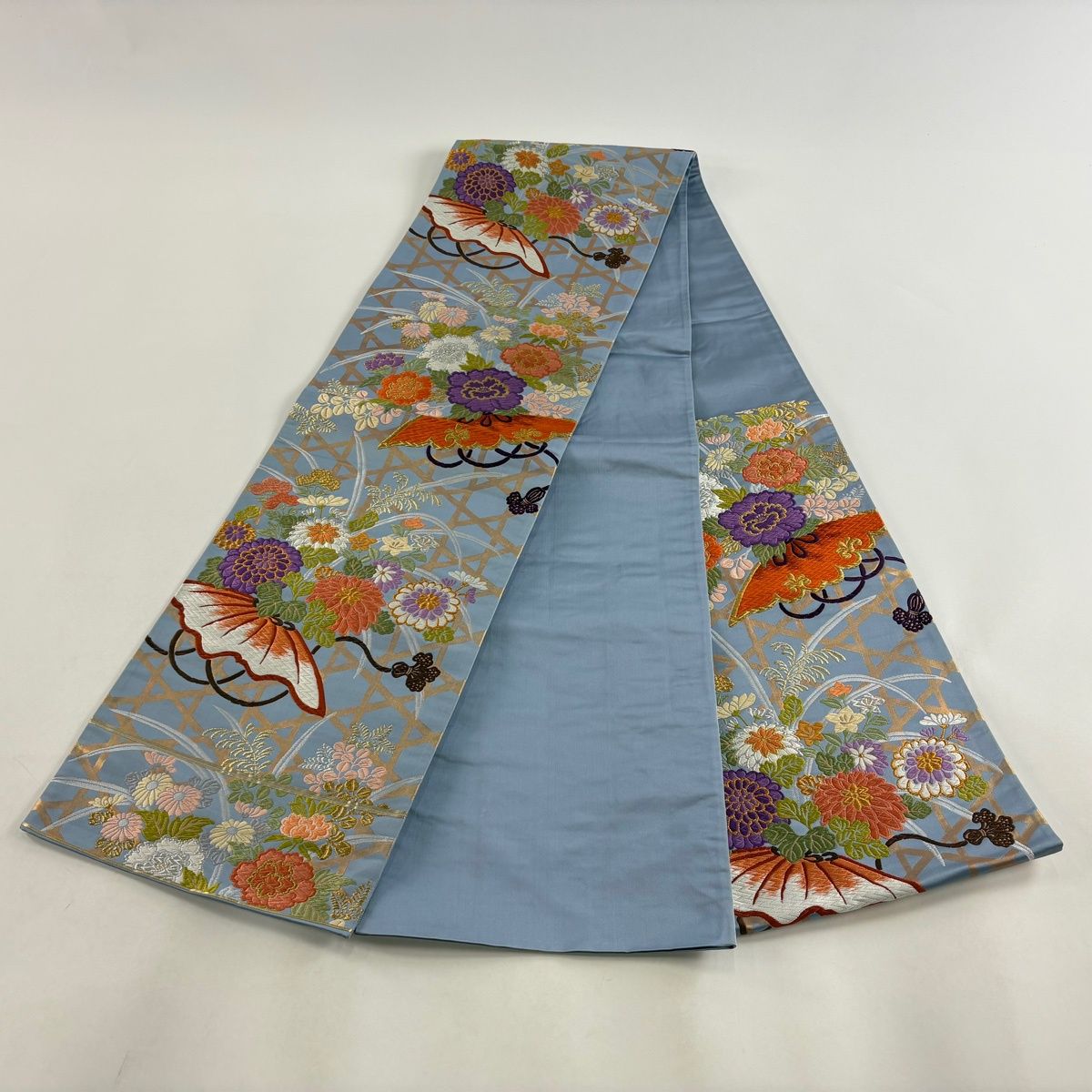 袋帯 秀品 関西仕立て 草花 籠目 唐織 金糸 青灰色 六通 正絹 【中古