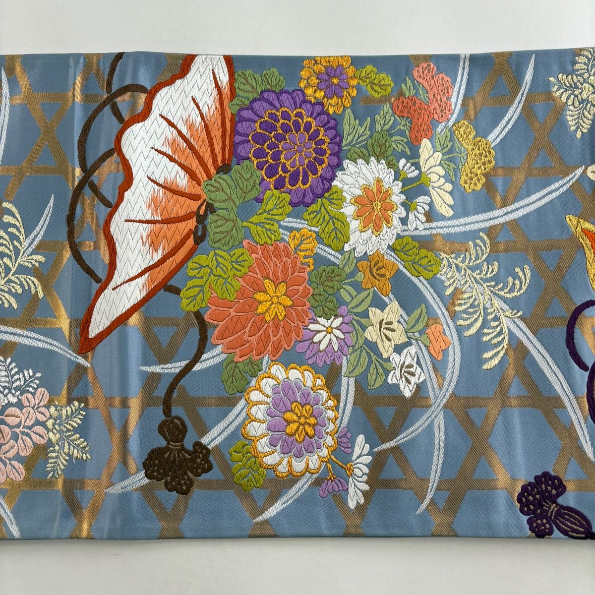 袋帯 秀品 関西仕立て 草花 籠目 唐織 金糸 青灰色 六通 正絹 【中古