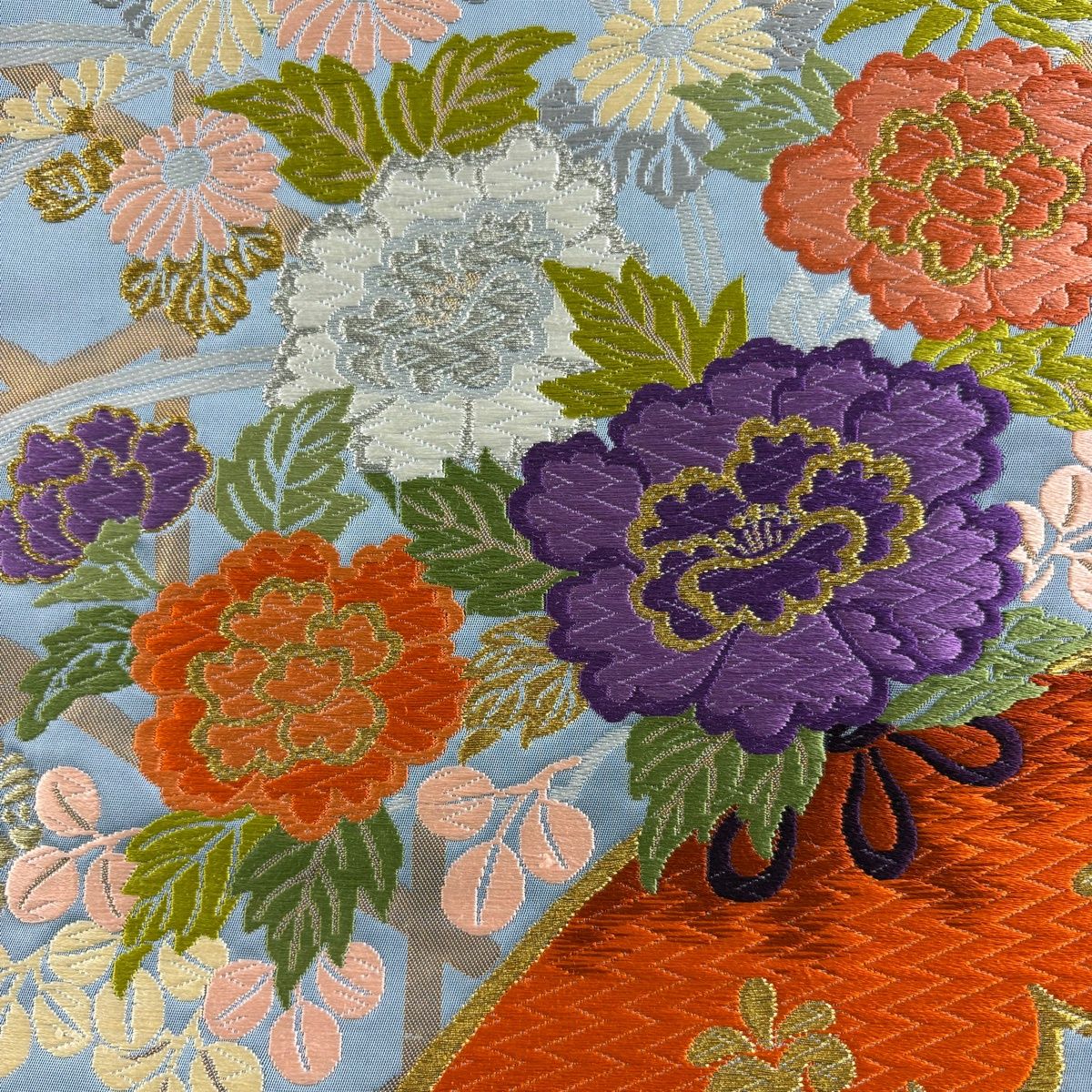 袋帯 秀品 関西仕立て 草花 籠目 唐織 金糸 青灰色 六通 正絹 【中古