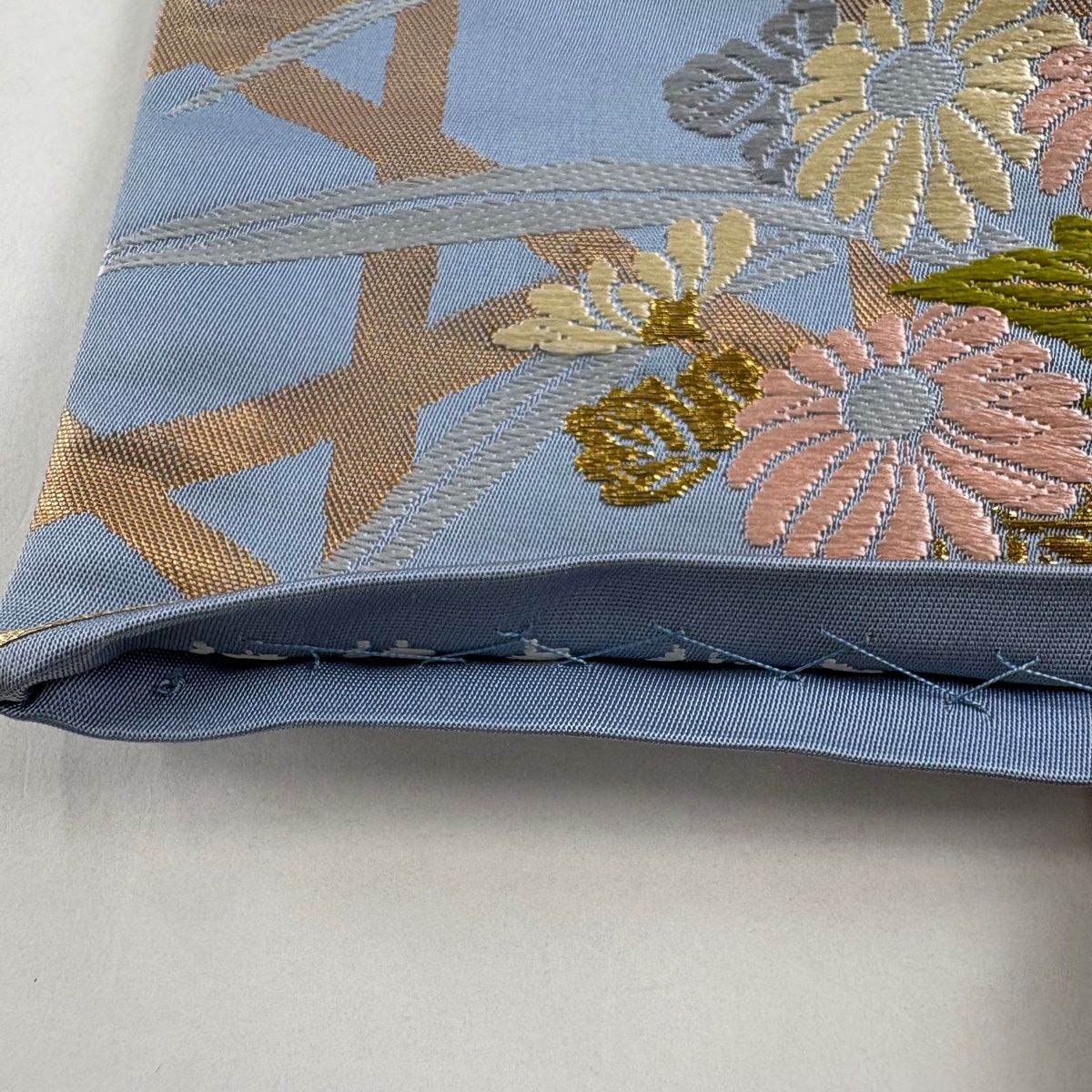 袋帯 秀品 関西仕立て 草花 籠目 唐織 金糸 青灰色 六通 正絹 【中古