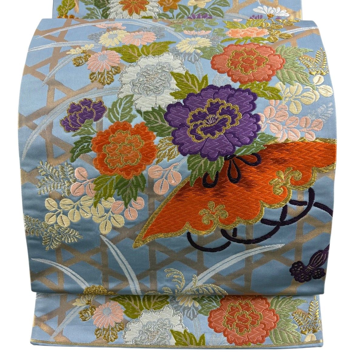 袋帯 秀品 関西仕立て 草花 籠目 唐織 金糸 青灰色 六通 正絹 【中古