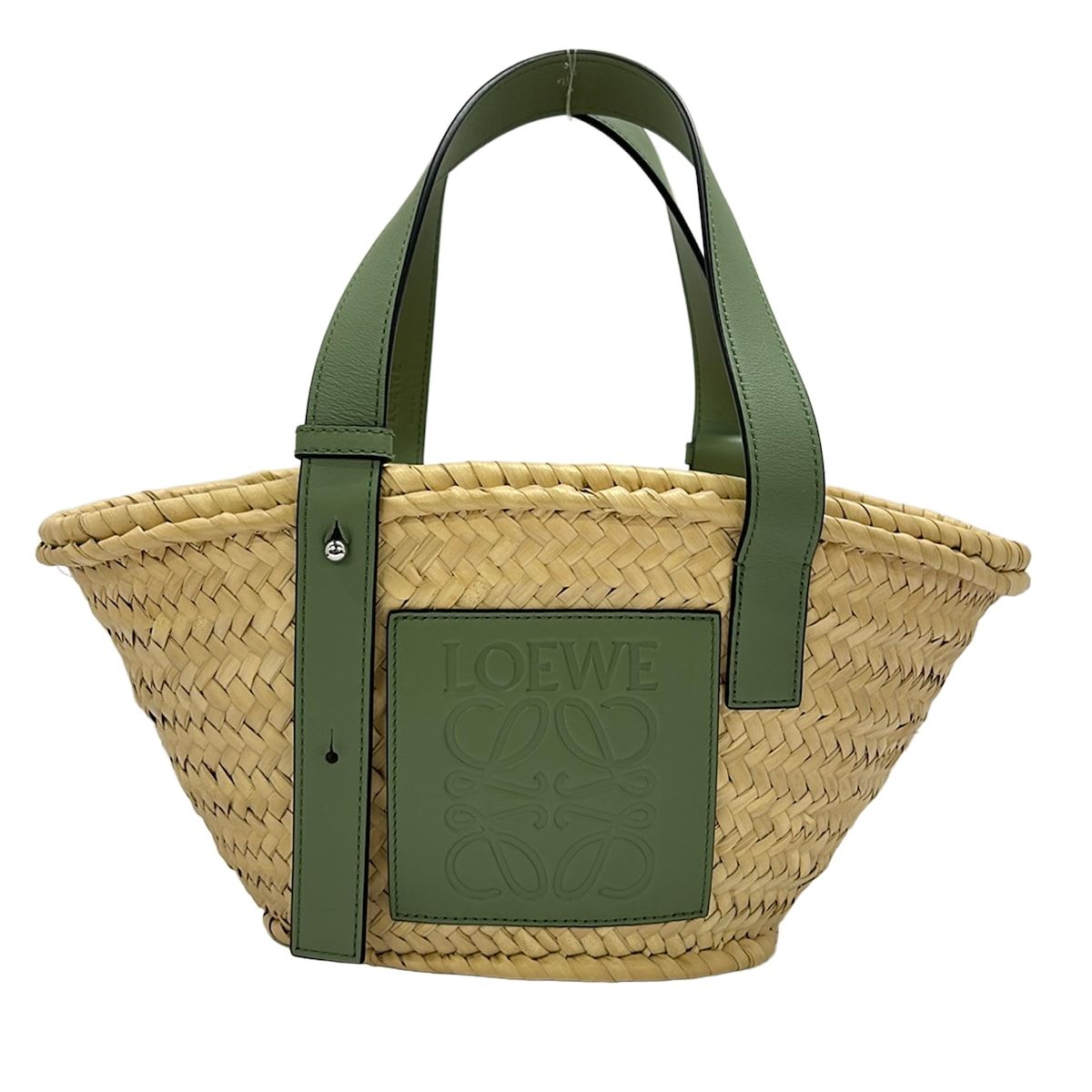 美品 ロエベ バスケットバッグ スモール ラフィア×レザー ベージュ×グリーン LOEWE(ロエベ) ハンドバッグ バスケットバッグスモール ベージュ