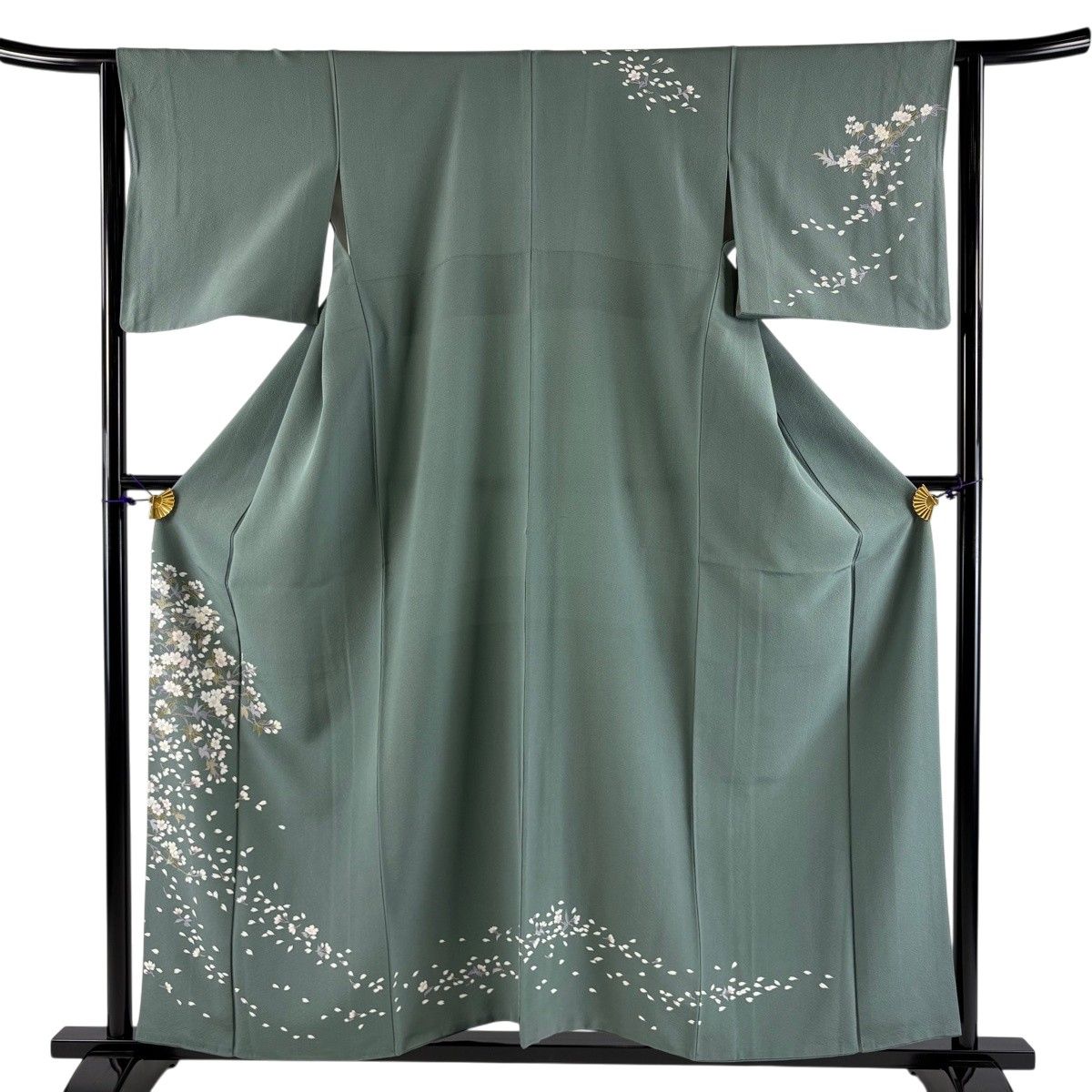 訪問着 身丈159cm 裄丈63.5cm S 袷 桜 桜の花弁 ぼかし 灰緑 正絹 秀品