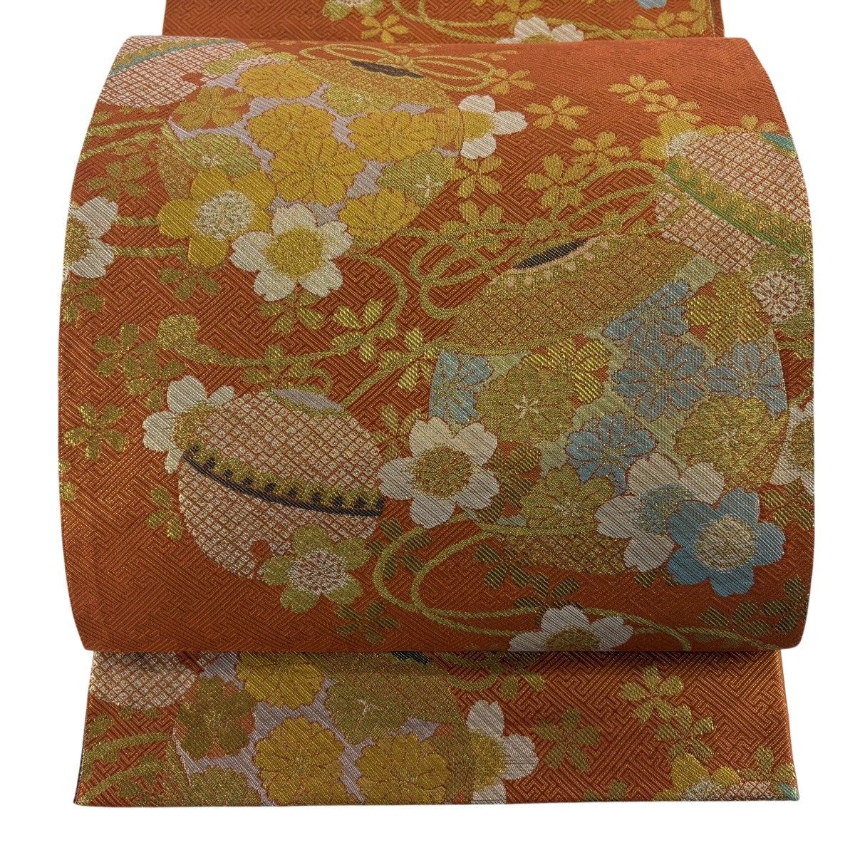 美品】 袋帯 秀品 振袖向き 鈴 桜 箔 金糸 オレンジ 六通 正絹 【中古