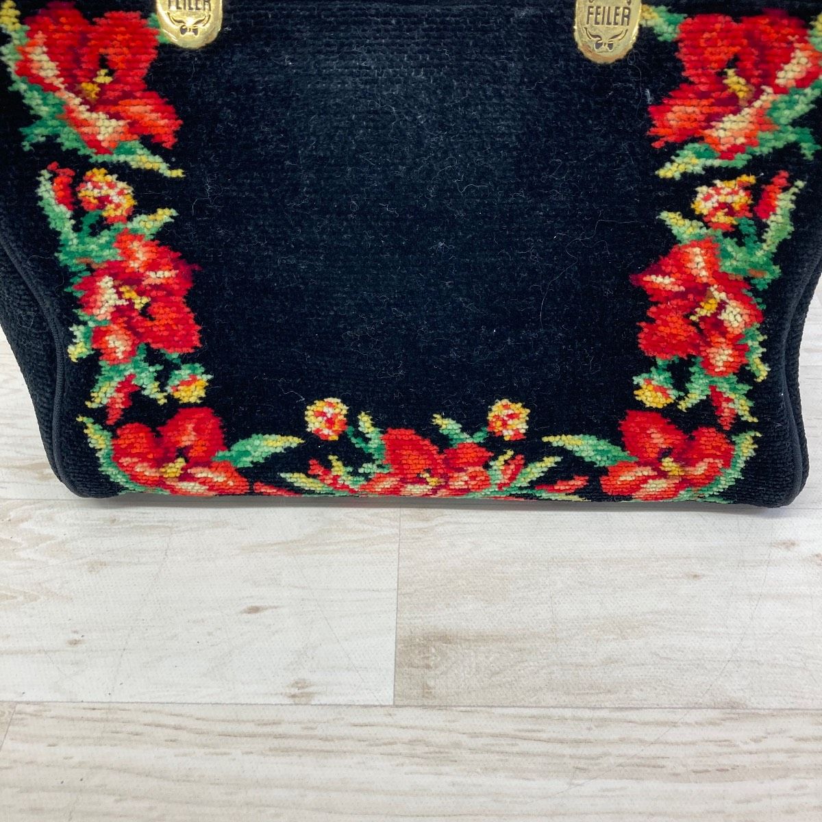 FEILER 黒 チェック柄 刺繍 FEILER/フェイラー ハンドバッグ シュニール織 花柄 ブラック/黒