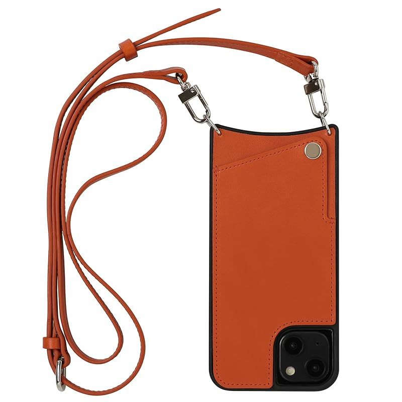 【新品】 栃木レザー 本革 スマホケース iPhone 13 互換性 対応ケース スマホショルダー ショルダーケース カード収納 ロングストラップ (オレンジ)