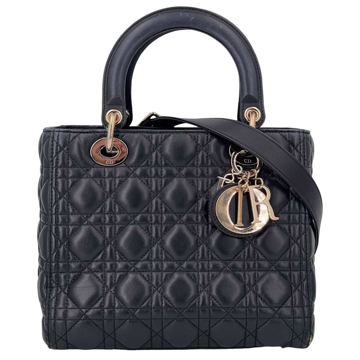 【中古】Dior レディディオール ミディアム 黒 ゴールド金具 M0565ONGE_M900 ラムスキン カナージュ ストラップ付属 2way 26017695 MK