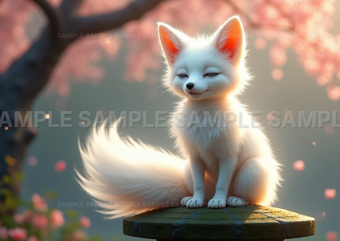 AIアート】【癒し系】白狐 桜 春 幻想的 水彩画風 アート ポスター