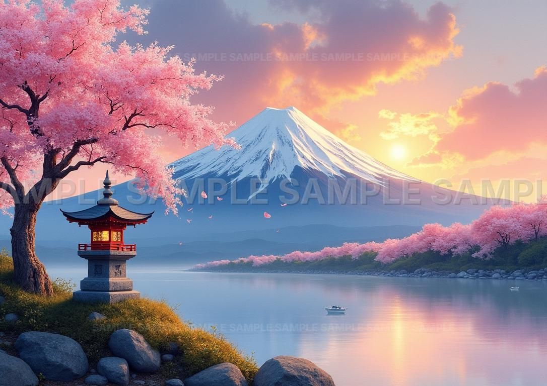 AIアート】【幸運を呼ぶ】開運アート 富士山 桜 湖畔 灯篭 夕焼け 風景