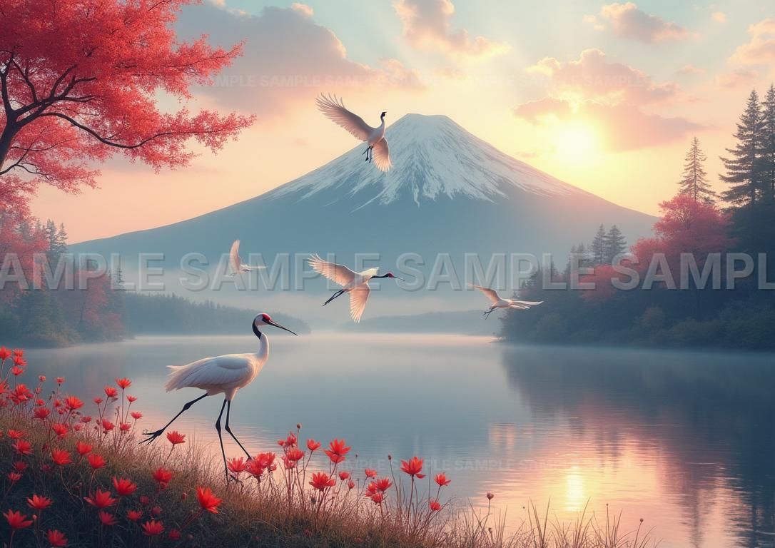 AIアート】【開運招福】赤富士 鶴 湖畔 縁起物 アート 絵画 癒し 風水