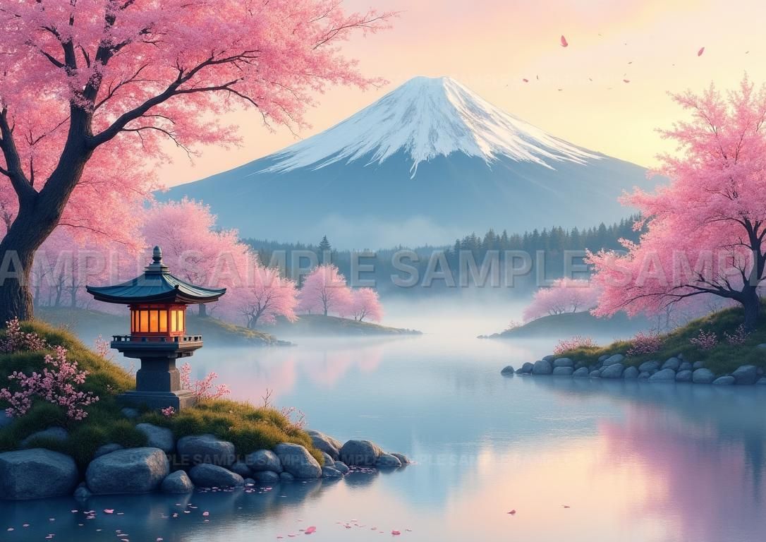 AIアート】【幸運を呼ぶ】富士山 桜 湖 庭園灯 開運アート 癒し 絵画