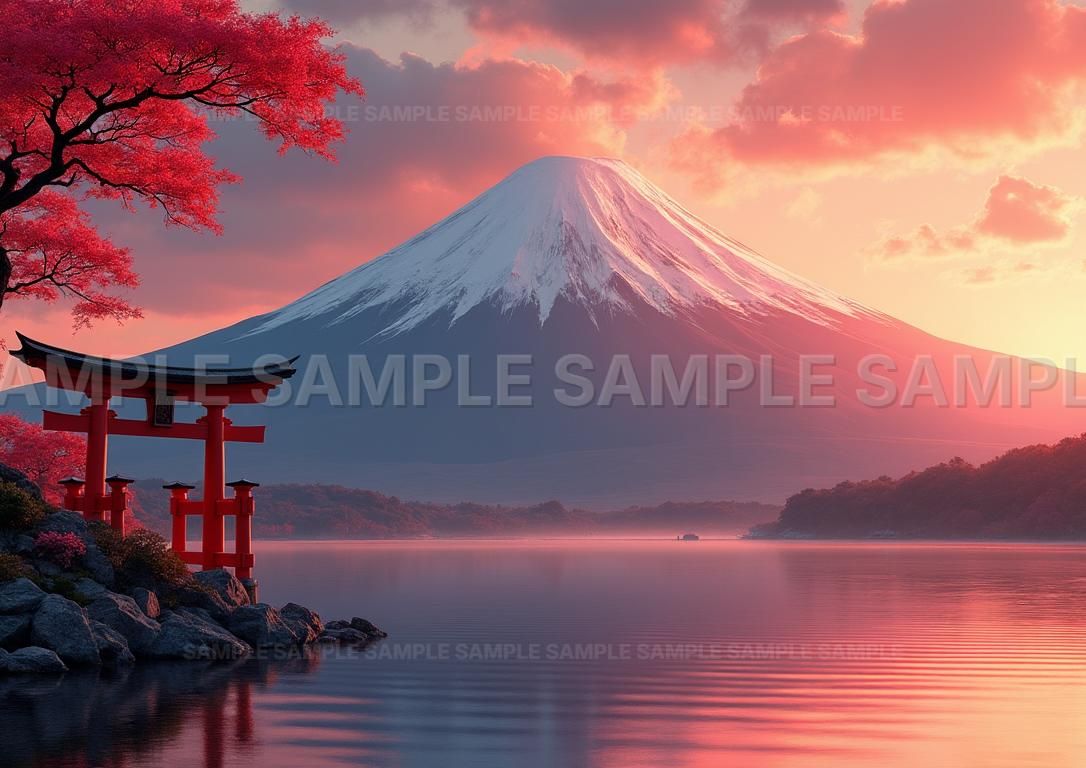 AIアート】【開運招福】富士山 赤鳥居 夕焼け 湖畔 自然風景 アート