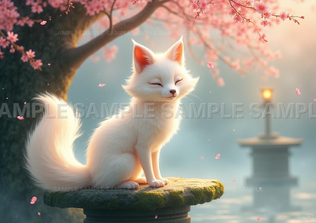 AIアート】【幻想的な雰囲気】白狐 桜 癒し系 アート ポスター 和風