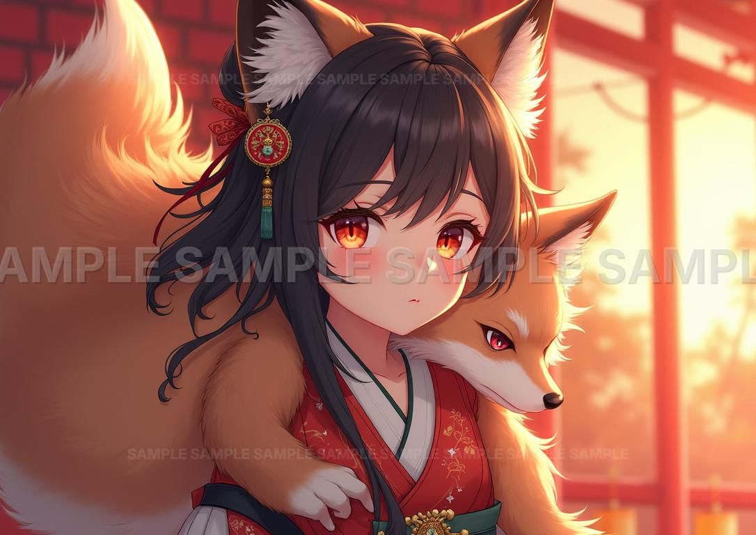 AIアート】【和装狐娘】 艶やか着物 魅惑の瞳 獣耳 尻尾 アート
