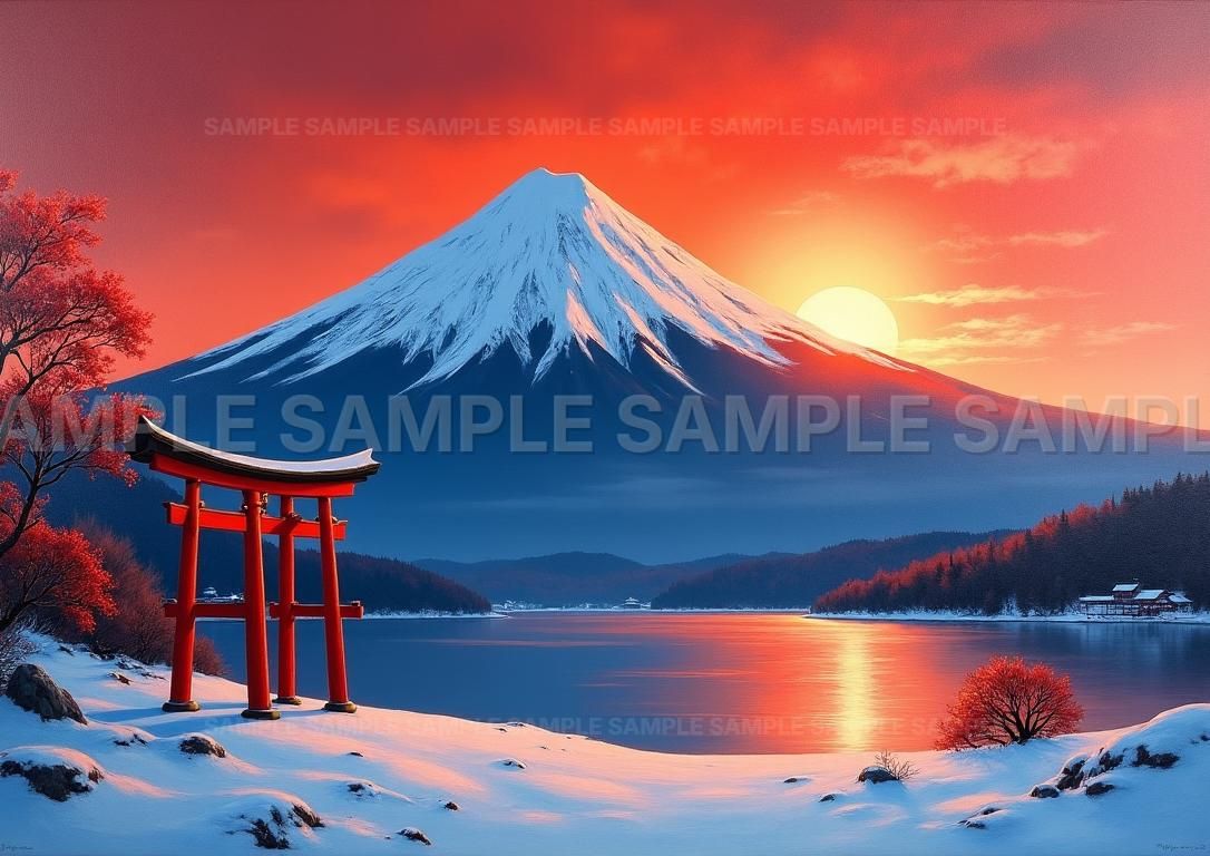 AIアート】【開運招福】赤富士 縁起物 霊峰 富士山 昇龍 太陽 神秘