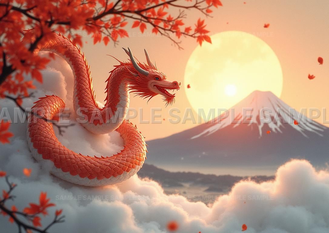 AIアート】【幸運を呼ぶ】赤龍 富士山 龍神 開運 風水 アート 絵画