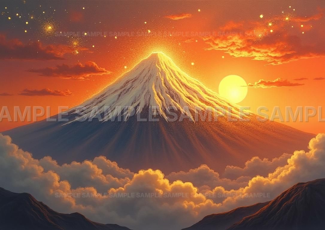 AIアート】【開運招福】黄金の霊峰富士 昇龍金運 太陽光 雲海 絵画