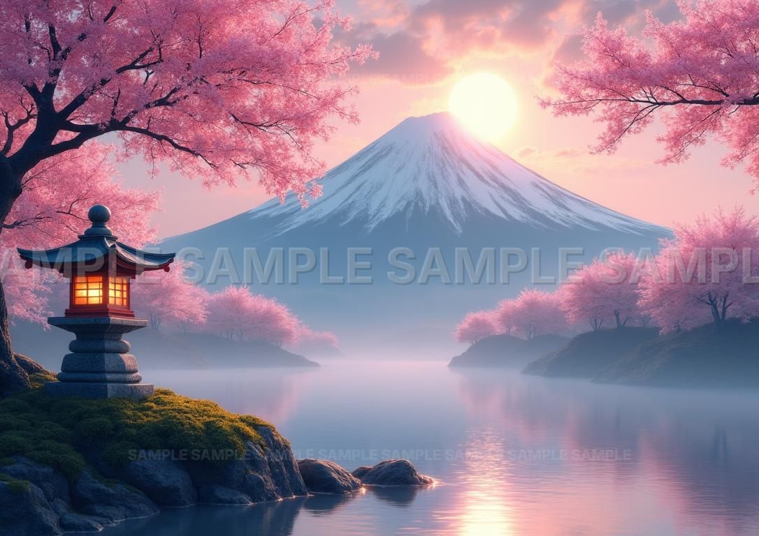 AIアート】【開運招福】富士山 桜 満開 湖畔 灯籠 幻想的 風景画