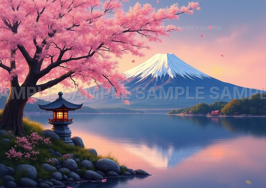 AIアート】【開運招福】富士山と桜の絵画 湖畔の灯籠 縁起物 風景画