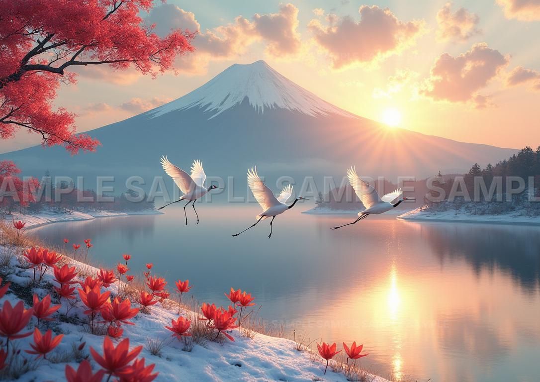 AIアート】【開運招福】金運上昇 縁起物 富士山 鶴 桜 湖畔 風景画