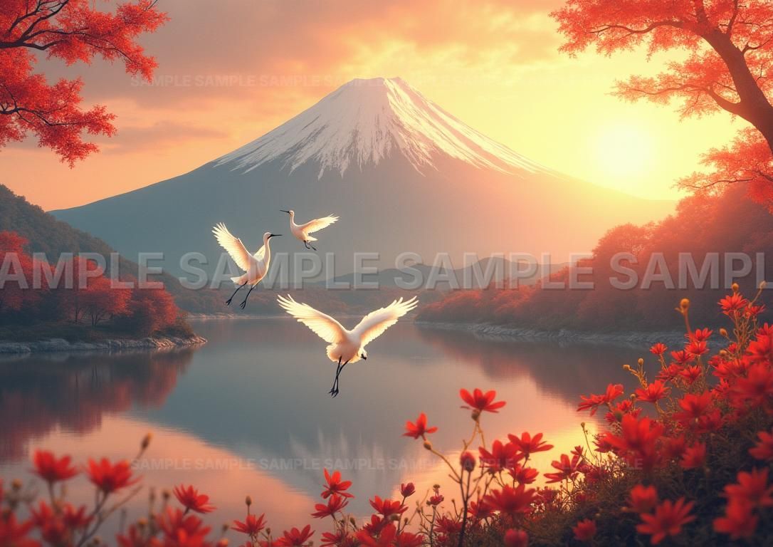AIアート】【開運招福】雄大な富士山 丹頂鶴 夫婦円満 癒し 玄関飾り