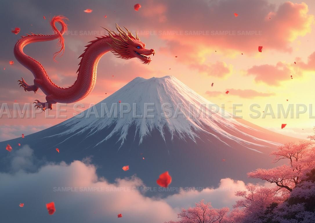 AIアート】【幸運招来】赤龍 富士山 桜 縁起物 開運アート 風水 絵画